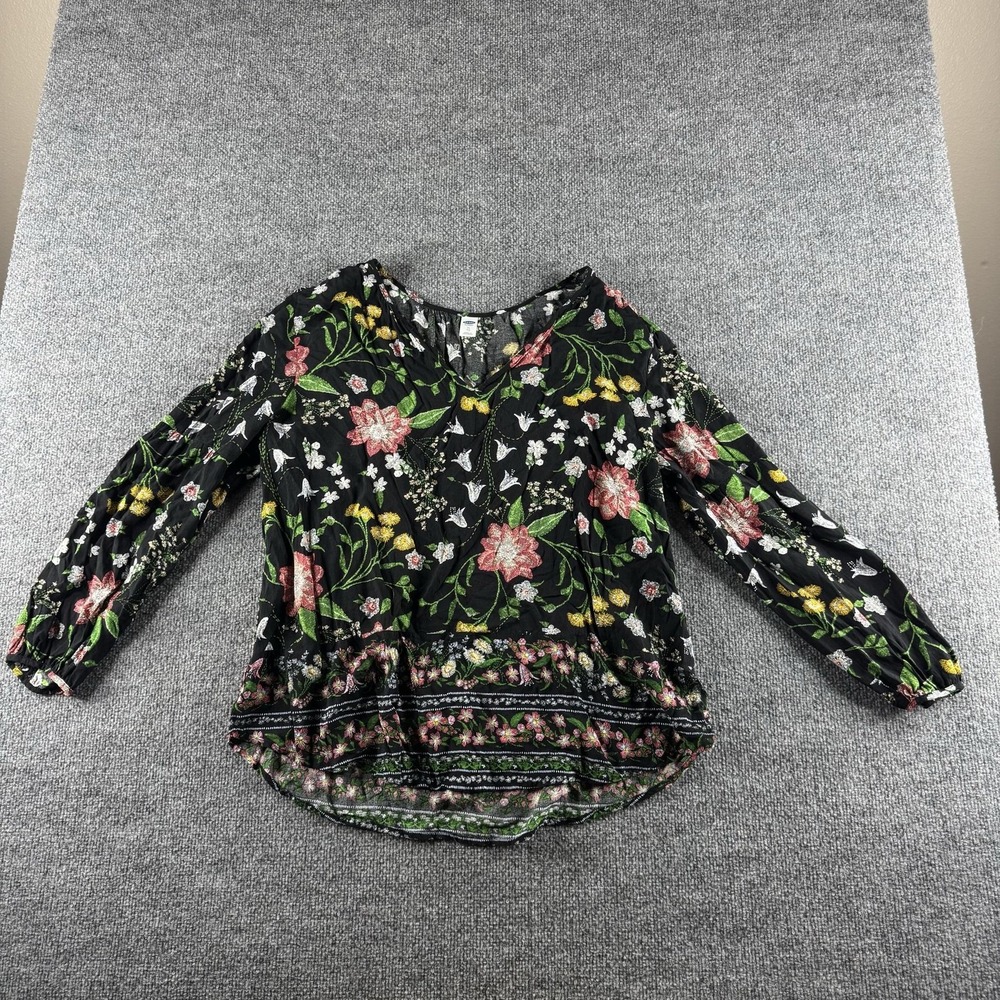 Old Navy Blouse Womens XL Black Floral V Neck Long Sleeve Top Boho Cottagecore